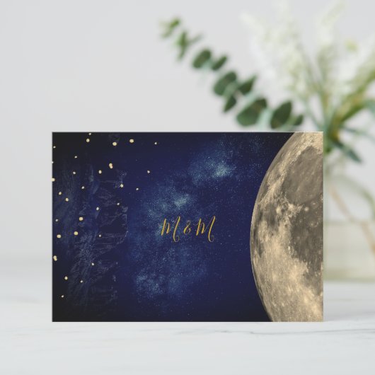 Night Sky Moon Blue Gold Monogram RSVP (Staand voorkant)