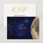 Night Sky Moon Blue Gold Monogram RSVP Kaartje (Voorkant / Achterkant)