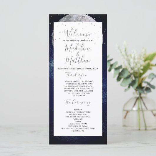 Night Sky Moon Celestial Elegant Bruiloft Welkom Programmakaart (Staand voorkant)