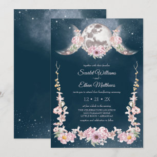 Night Sky Moon Phases Pink & Blue Handfasting Invi Kaart