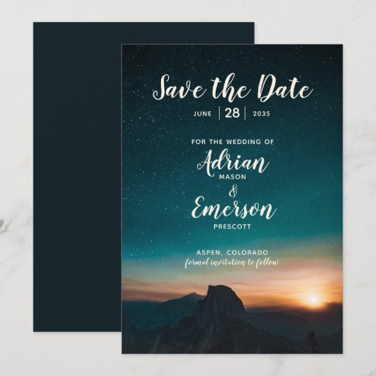 Night Sky Mountain Starry Galaxy Modern Weddenscha Save The Date (Voorkant / Achterkant)