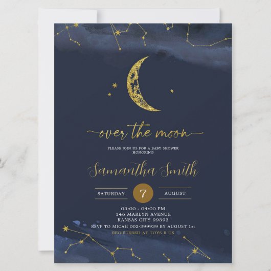 Night Sky Over the Moon Baby shower Invitation Kaart (Voorkant)