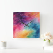 Night Sky Rainbow Aquarel Abstracte kunst Vierkante Klok (Huis)