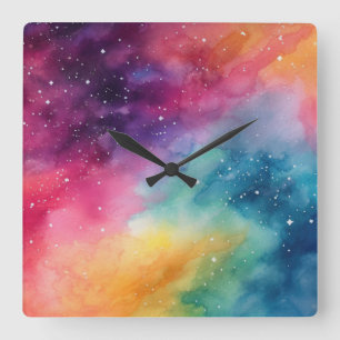 Night Sky Rainbow Aquarel Abstracte kunst Vierkante Klok