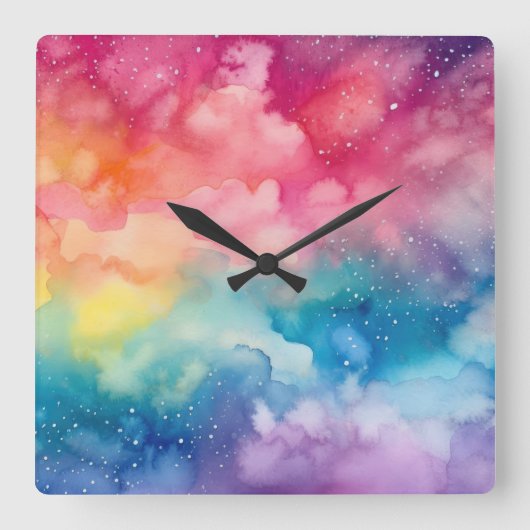 Night Sky Rainbow Aquarel Abstracte kunst Vierkante Klok (Voorkant)