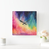 Night Sky Rainbow Aquarel Abstracte kunst Vierkante Klok (Huis)