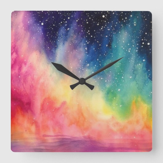 Night Sky Rainbow Aquarel Abstracte kunst Vierkante Klok (Voorkant)