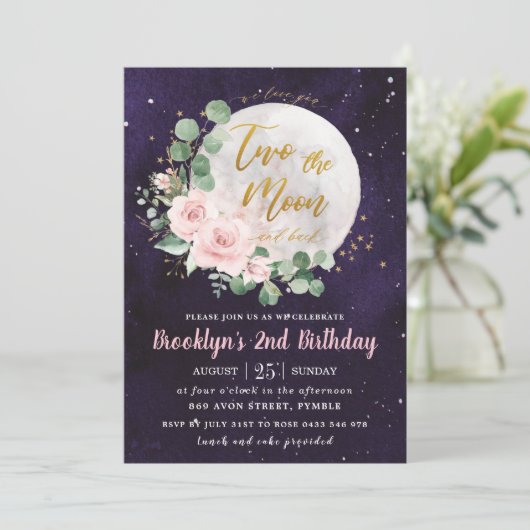 Night Sky roze Floral Twee de maan 2de verjaardag Kaart (Staand voorkant)
