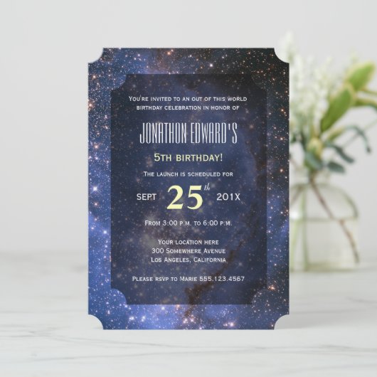 Night Sky/Space Theme Birthday Party Uitnodiging (Staand voorkant)