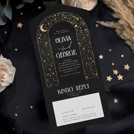 Night Sky Stars Celestial Arch Black Wedding All In One Uitnodiging