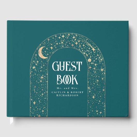 Night Sky Stars Hemelse Blauwgroen bruiloft Gastenboek (Voorkant)