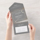 Night Sky Stars Moon Celestial Grey Wedding All In One Uitnodiging (Afscheurbaar)