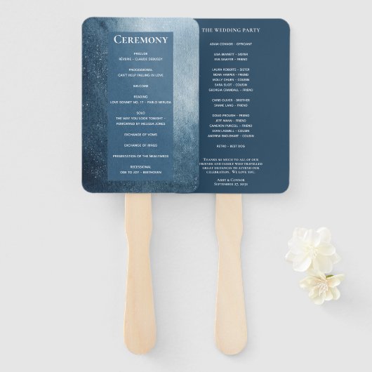 Night Sky Stars Navy Blue White Fan Programme Handwaaier (Voorkant en achterkant)