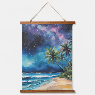 Night Sky Stars Paarse tropische strand palmbomen Hangend Wandkleed