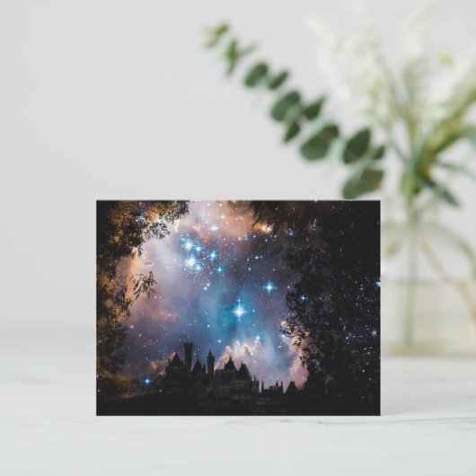 Night Sky Stars Tree Castle Briefkaart (Staand voorkant)
