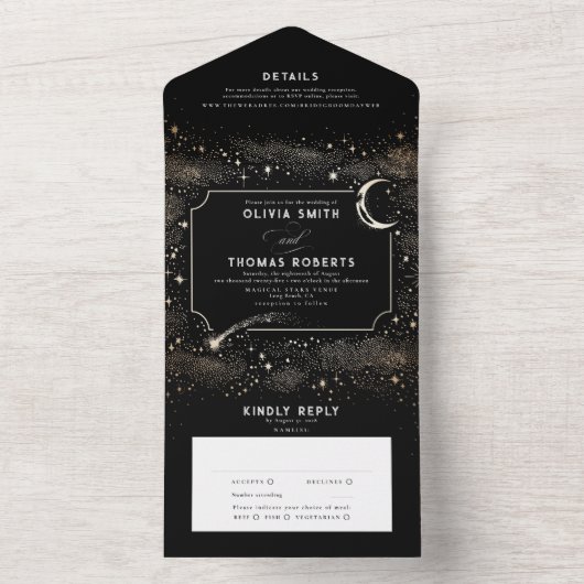 Night Sky Sterren Hemelse Mystieke Zwarte Huwelijk All In One Uitnodiging (Binnen)