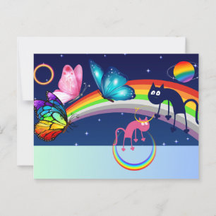 Night Sky, twee katten, vlinders en een regenboog Briefkaart