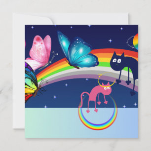 Night Sky, twee katten, vlinders en een regenboog Feestdagenkaart
