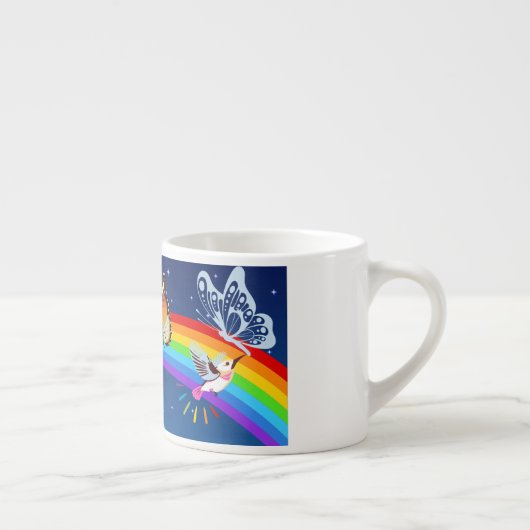 Night Sky, twee vogels, vlinders en een regenboog Espresso Kop (Rechts)
