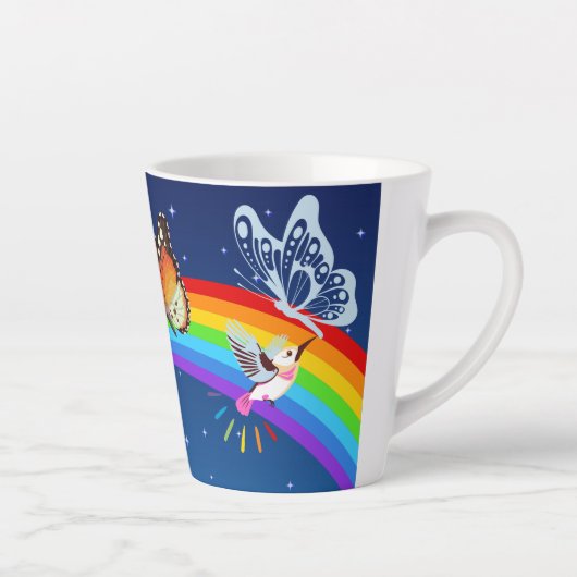 Night Sky, twee vogels, vlinders en een regenboog Latte Mok (Rechts)