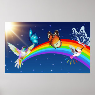 Night Sky, twee vogels, vlinders en een regenboog Poster