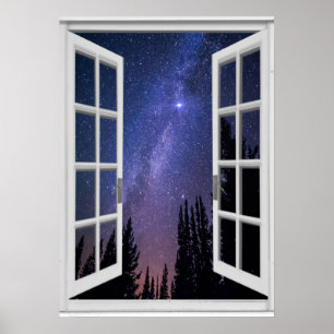 Night Sky Uitzicht Trompe l'oeil Fake Window Poster