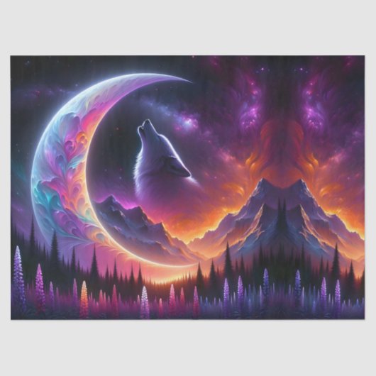 Night Sky Wolf Crescent Moon Lavender Tissuepapier (Voorkant)