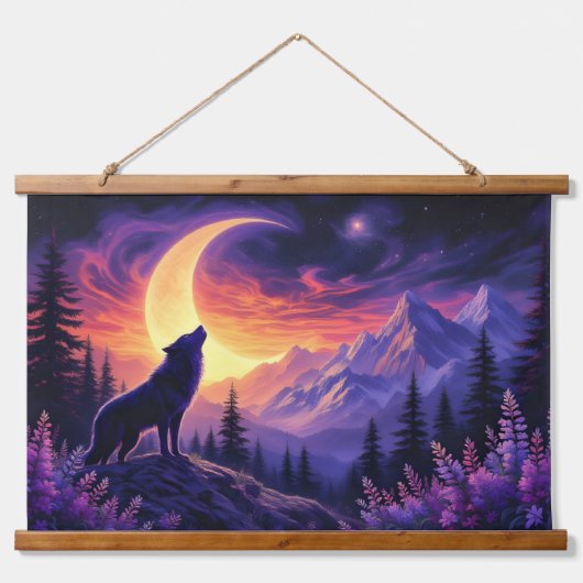 Night Sky Wolf Sasquatch Moose Crescent Moon Hangend Wandkleed (Voorkant)