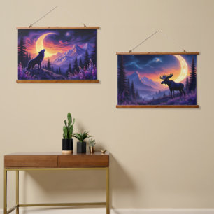 Night Sky Wolf Sasquatch Moose Crescent Moon Hangend Wandkleed