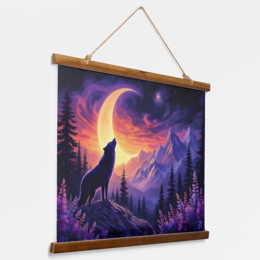 Night Sky Wolf Sasquatch Moose Crescent Moon Hangend Wandkleed (Gebogen)