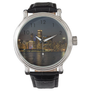 Night Skyline Chicago Pano Horloge