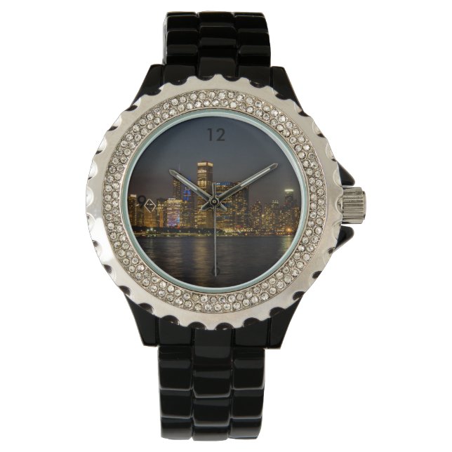 Night Skyline Chicago Pano Horloge (Voorkant)