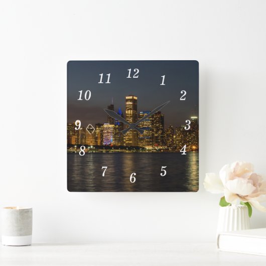 Night Skyline Chicago Pano Wandklok (Huis)