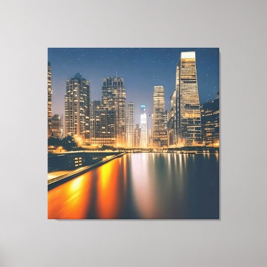 Night Skyline met Full Moon: Digitaal schilderen o Canvas Afdruk (Voorkant)