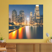 Night Skyline met Full Moon: Digitaal schilderen o Canvas Afdruk (Insitu (Woonkamer))