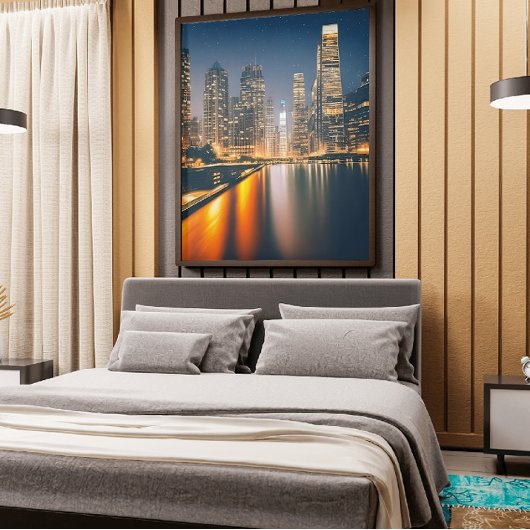 Night Skyline met Full Moon: Digitaal schilderen o Canvas Afdruk