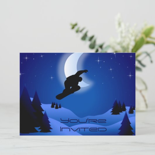 Night Snowboarding Mountain verjaardagsuitnodiging Kaart (Staand voorkant)