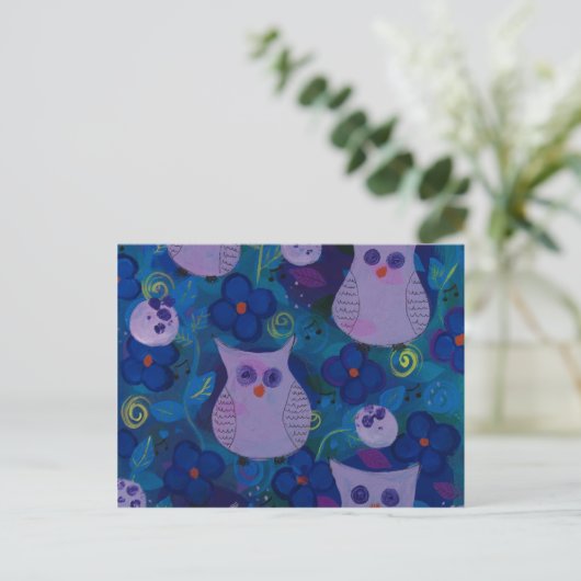 Night Song with Owls, Blue Briefkaart (Staand voorkant)