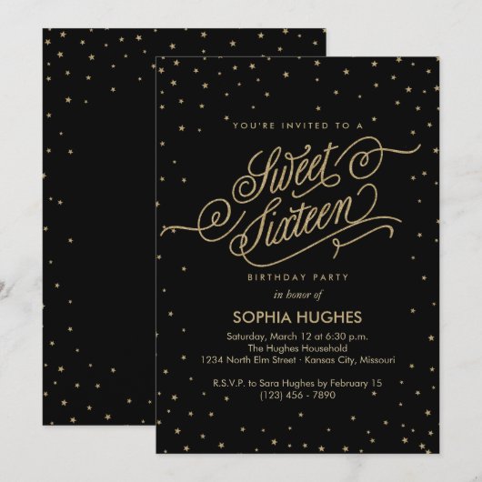 Night Stars Gold & Black Sweet Sixteen-partij Kaart (Voorkant / Achterkant)