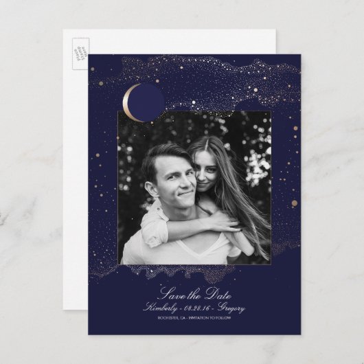 Night Stars Navy en Gold Photo Bewaar de datum Aankondigingskaart (Voorkant / Achterkant)