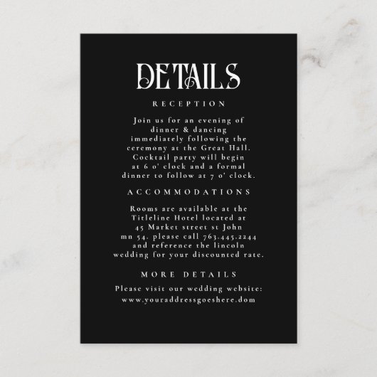 Night Stars Zwart Bruiloft Details Informatiekaartje (Voorkant)