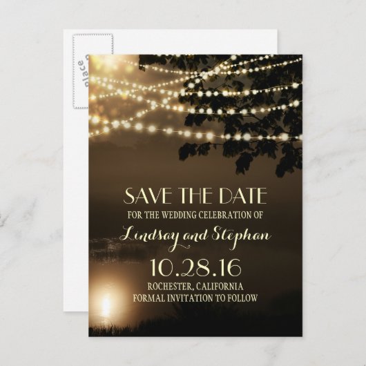 Night String Lights Elegant Save the Date briefkaa Aankondigingskaart (Voorkant / Achterkant)