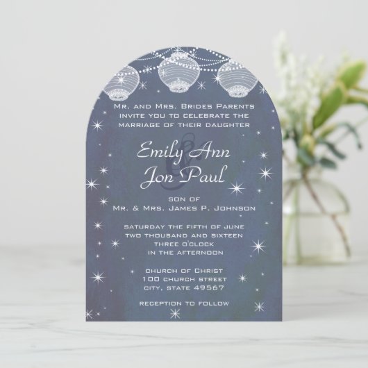 Night Wedding Navy & Silver Lantern Stars Garland Kaart (Staand voorkant)