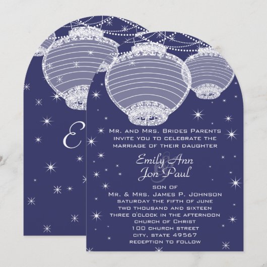 Night Wedding Navy & Silver Lantern Stars Garland Kaart (Voorkant / Achterkant)