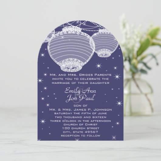 Night Wedding Navy & Silver Lantern Stars Garland Kaart (Staand voorkant)