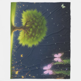 Night Willow Tree met vlinders en vuurvliegjes Fleece Deken