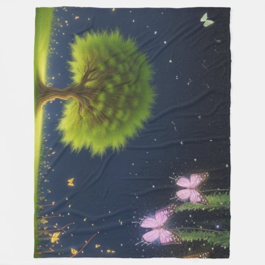 Night Willow Tree met vlinders en vuurvliegjes Fleece Deken (Voorkant)