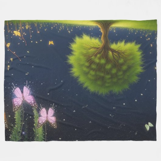 Night Willow Tree met vlinders en vuurvliegjes Fleece Deken (Voorkant (Horizontaal))