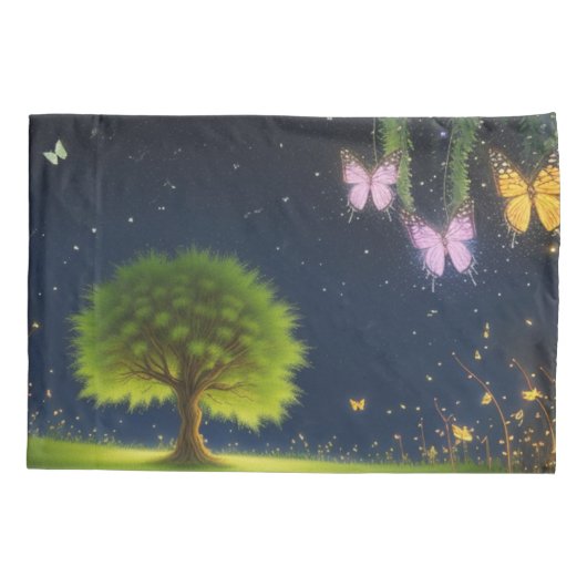 Night Willow Tree met vlinders en vuurvliegjes Kussensloop (Achterkant)