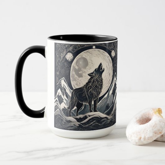 Night Wolf Howl - Moonlight & Forest esthetiek Mok (Met donut)
